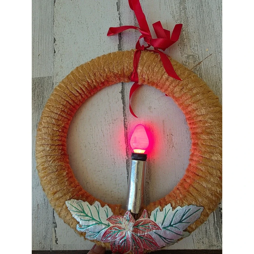 Vintage chenille orange candle wreath hanging Xmas decor working light decor is
